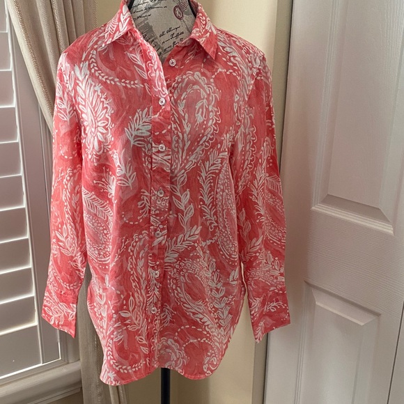 Talbots Tops - **Talbots Medium Petite Linen Button-Down Shirt - Coral Paisley Print